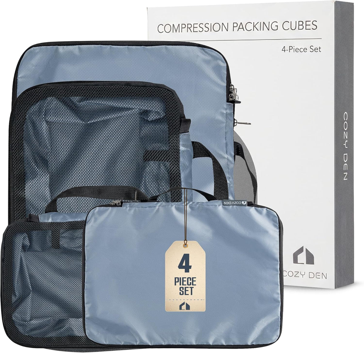 4-Piece Compression Packing Cubes Set Luggage Organizers Sturdy Zippers | Space Saving Design for Carry-on Travelers, Family Organizers & Home Storage Gray