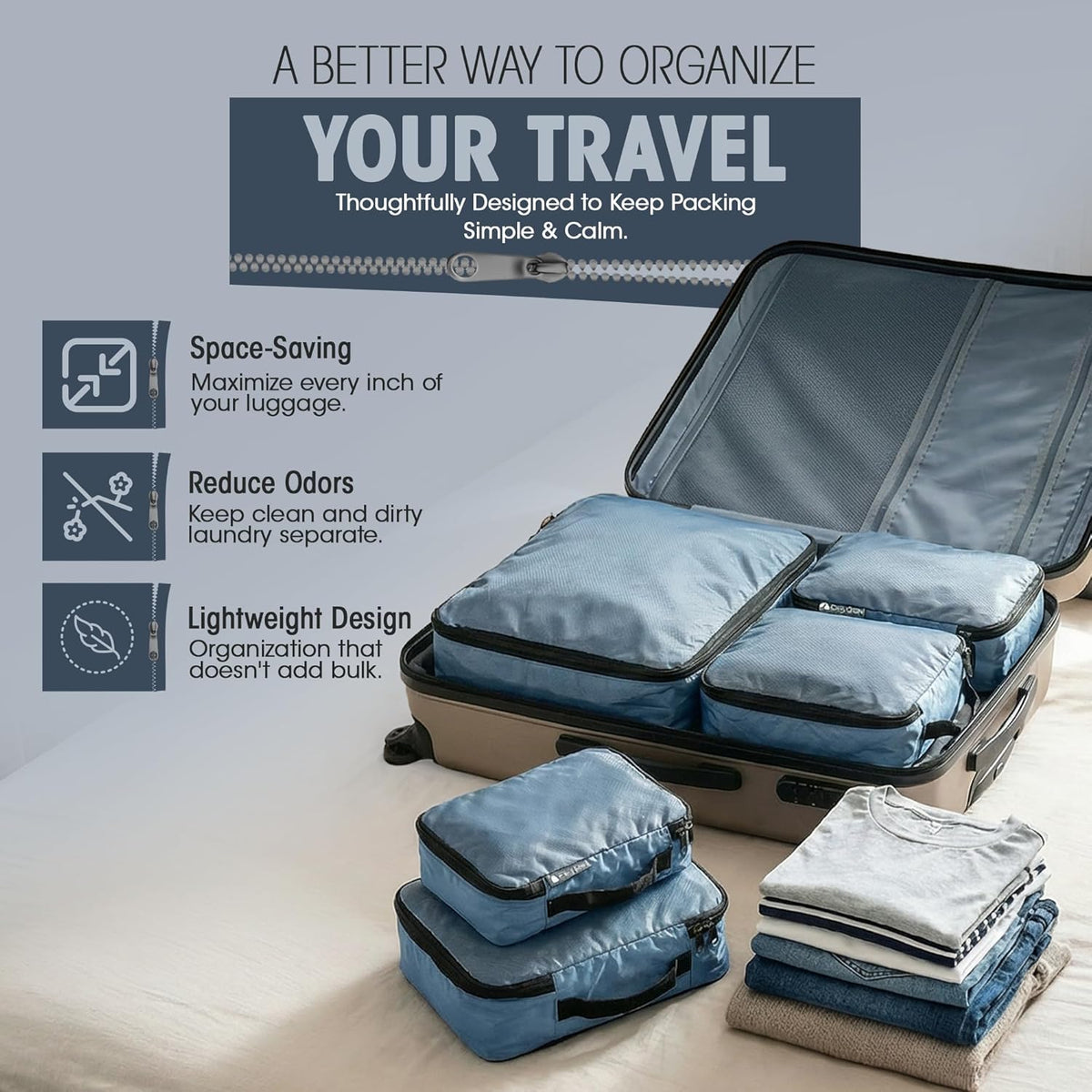 4-Piece Compression Packing Cubes Set Luggage Organizers Sturdy Zippers | Space Saving Design for Carry-on Travelers, Family Organizers & Home Storage Gray