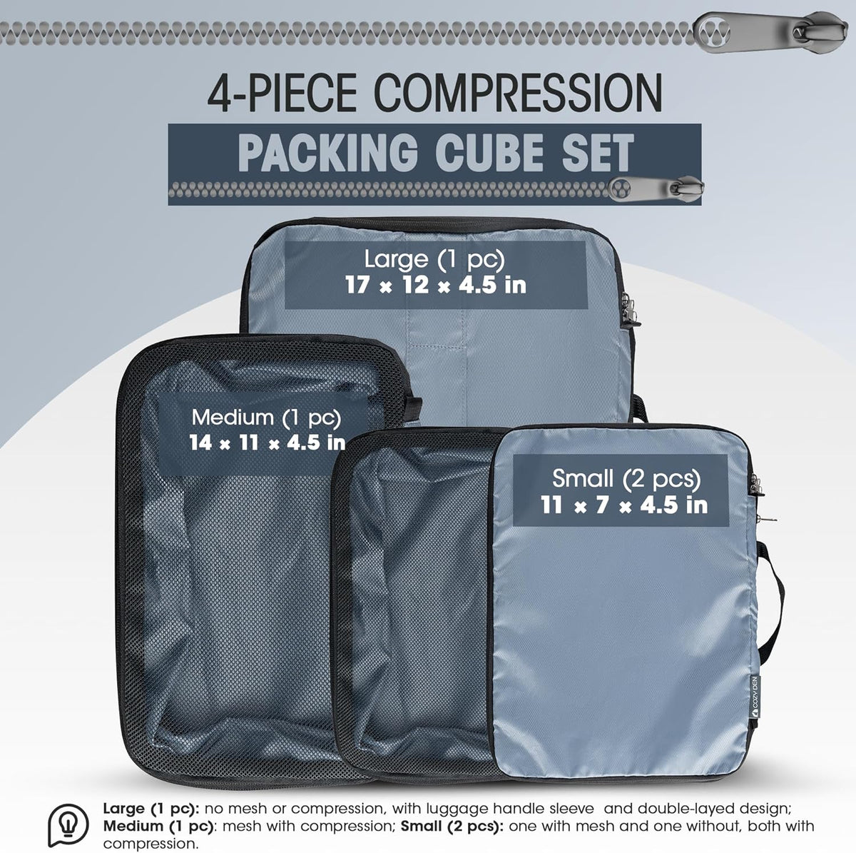4-Piece Compression Packing Cubes Set Luggage Organizers Sturdy Zippers | Space Saving Design for Carry-on Travelers, Family Organizers & Home Storage Gray