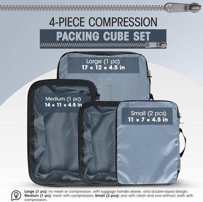 4-Piece Compression Packing Cubes Set Luggage Organizers Sturdy Zippers | Space Saving Design for Carry-on Travelers, Family Organizers & Home Storage Gray