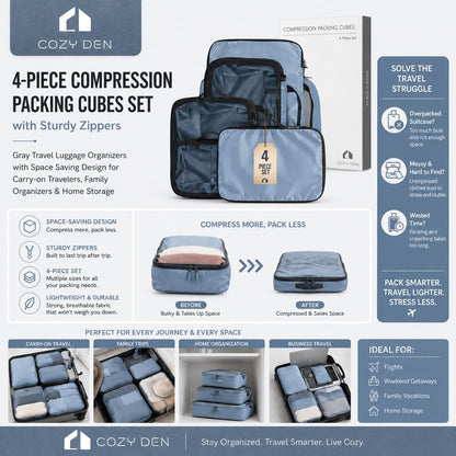 4-Piece Compression Packing Cubes Set Luggage Organizers Sturdy Zippers | Space Saving Design for Carry-on Travelers, Family Organizers & Home Storage Gray