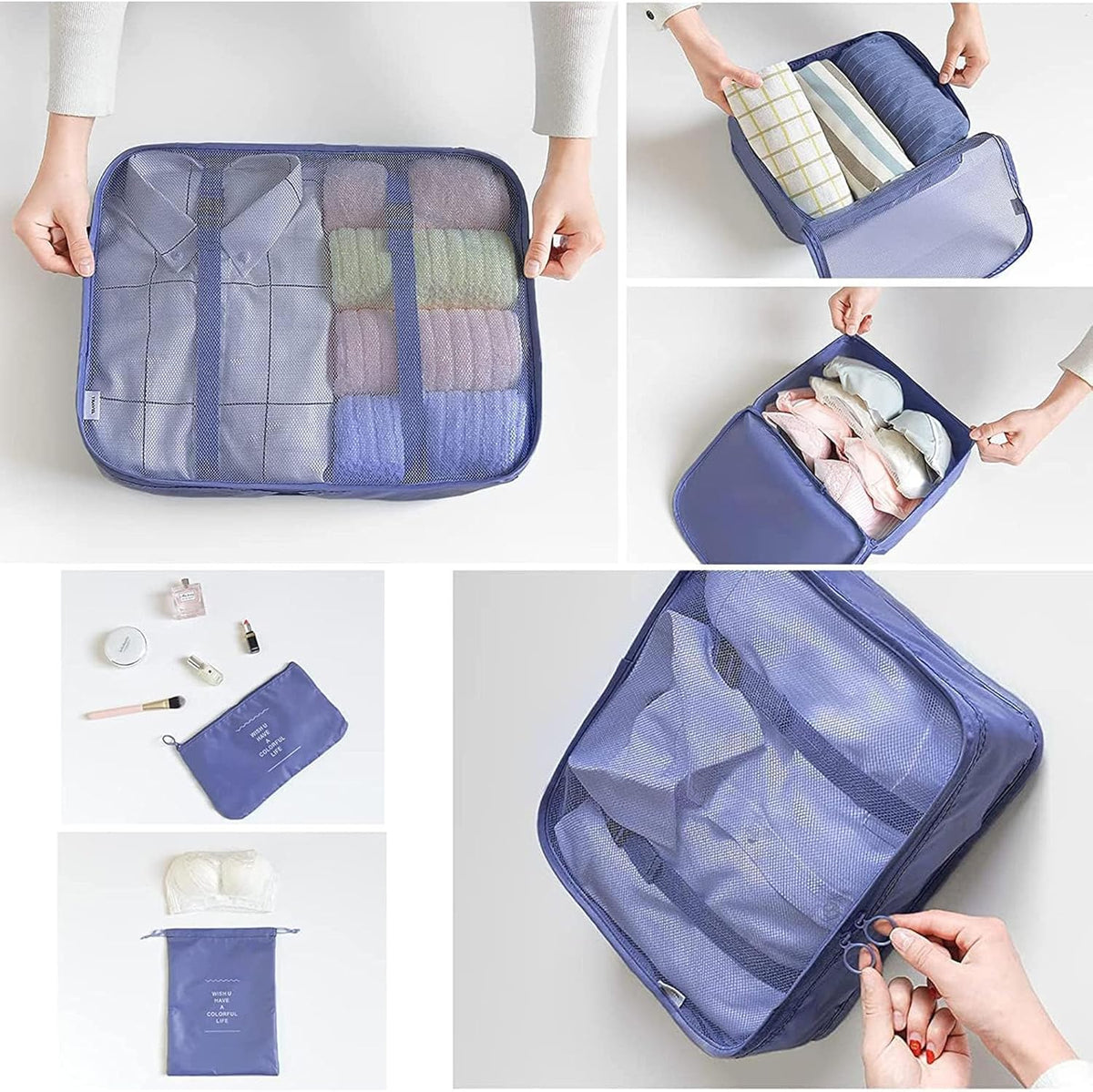 6/8 Set Packing Cubes for Suitcases Travel Luggage Packing Organizers,Travel Accessories Essentials Luggage Organizer with Shoe/Tioletry/Laundry Bag (Dark Blue, 6 set)