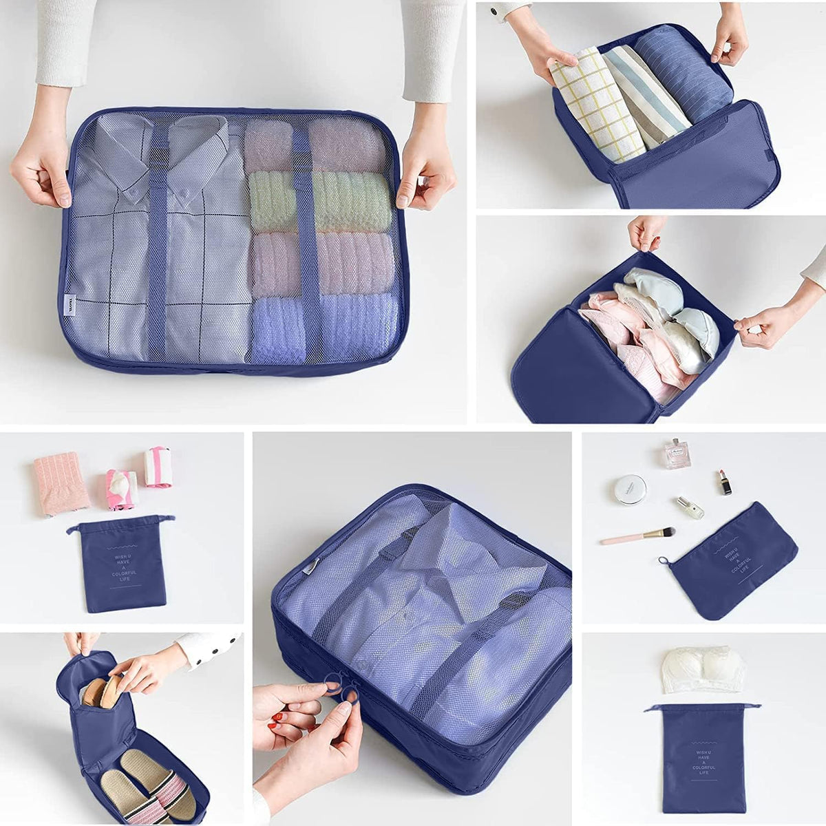 6/8 Set Packing Cubes for Suitcases Travel Luggage Packing Organizers,Travel Accessories Essentials Luggage Organizer with Shoe/Tioletry/Laundry Bag (Dark Blue, 6 set)