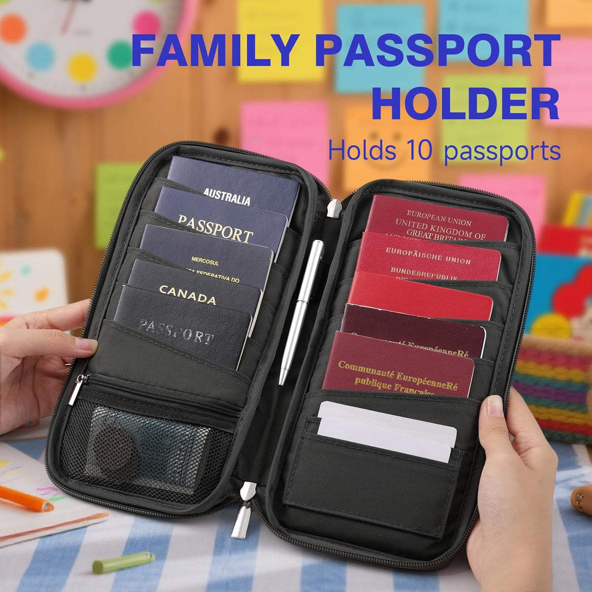 RFID Blocking Family Travel Passport Holder Wallet for 10 | Document Organizer with Zipper, Holds Up to 10 Passports, Cards, Cash, Boarding Passes, Tickets, For Travel Essentials, Black