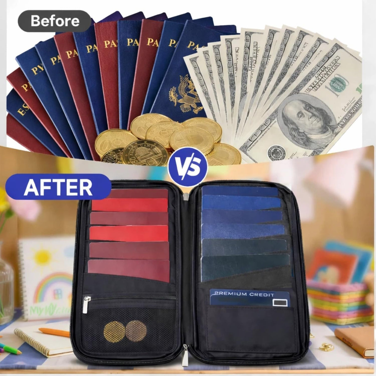 RFID Blocking Family Travel Passport Holder Wallet for 10 | Document Organizer with Zipper, Holds Up to 10 Passports, Cards, Cash, Boarding Passes, Tickets, For Travel Essentials, Black