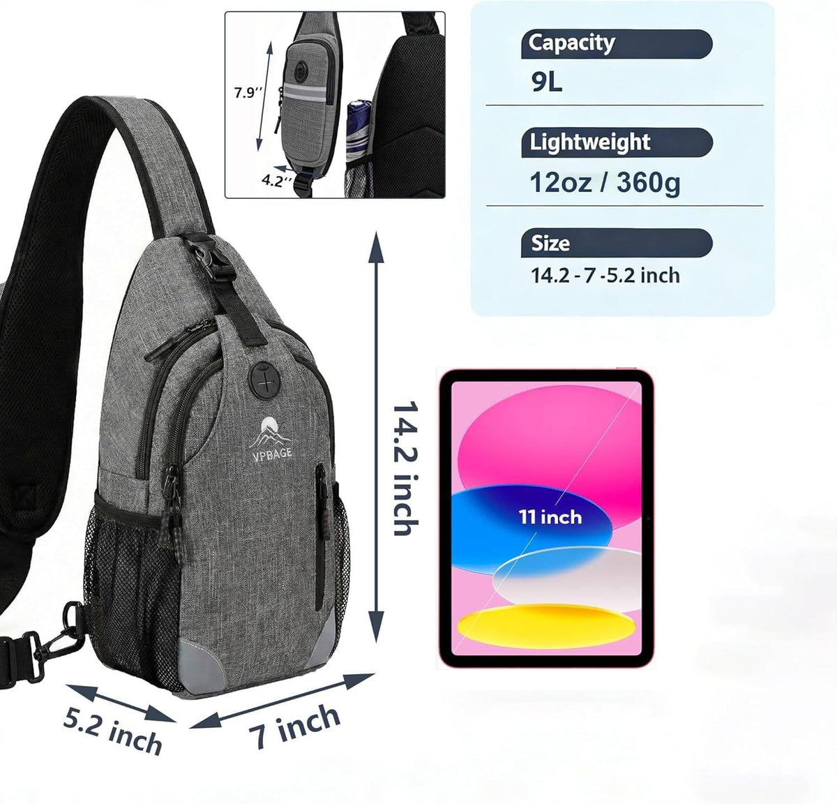 Sling Backpack for Women & Men, Crossbody Travel Bag with Water Bottle Holders, 17 Pockets, Quick-Access Phone Pocket, Hidden Security Pocket, Fits 11" Tablet, for Daily Carry, Travel, Theme Parks