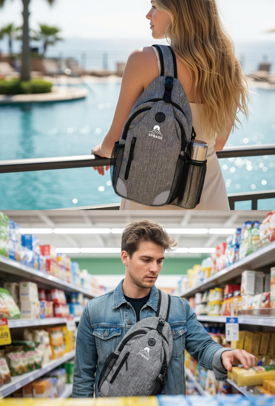 Sling Backpack for Women & Men, Crossbody Travel Bag with Water Bottle Holders, 17 Pockets, Quick-Access Phone Pocket, Hidden Security Pocket, Fits 11" Tablet, for Daily Carry, Travel, Theme Parks