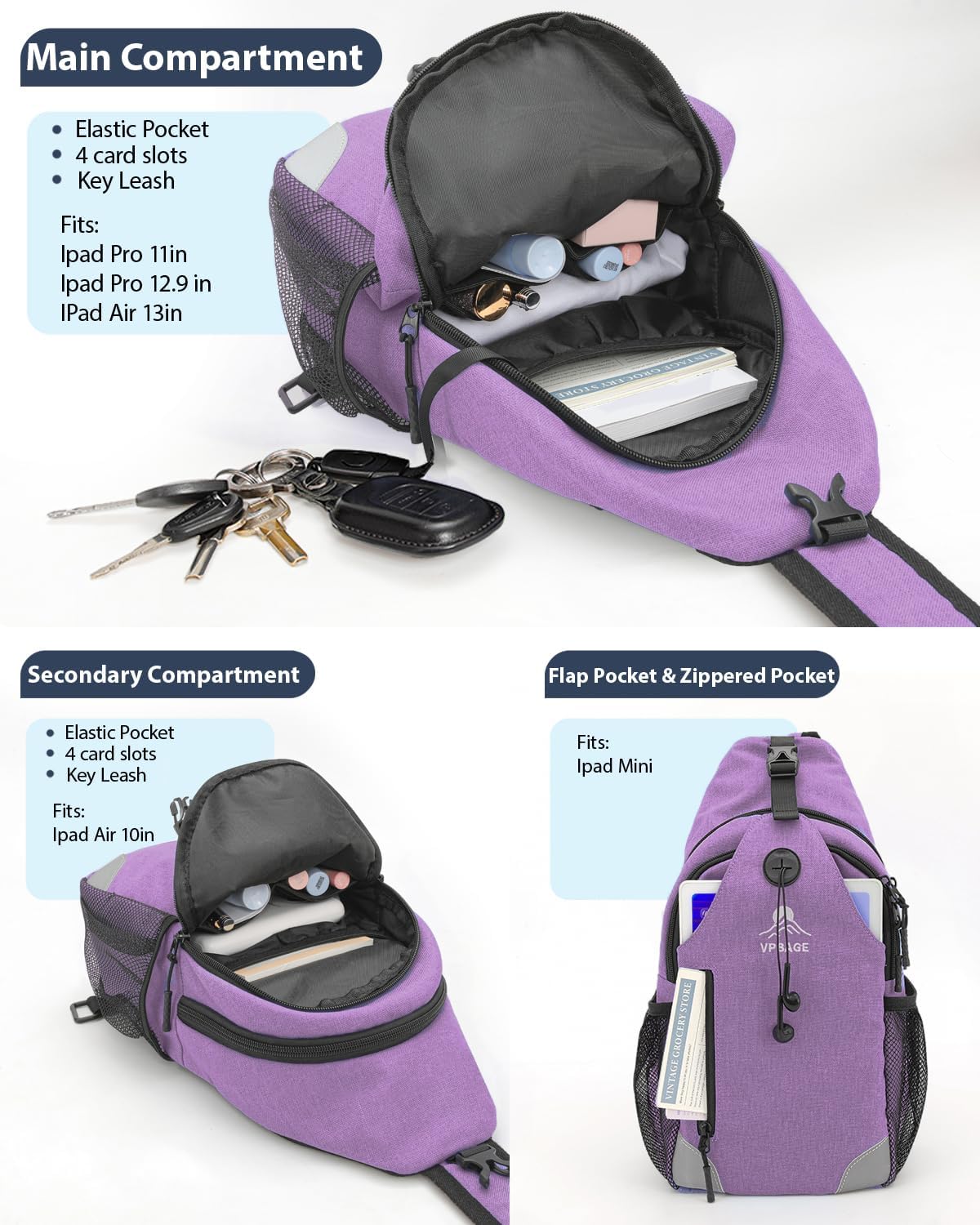 Sling Backpack for Women & Men, Crossbody Travel Bag with Water Bottle Holders, 17 Pockets, Quick-Access Phone Pocket, Hidden Security Pocket, Fits 11" Tablet, for Daily Carry, Travel, Theme Parks
