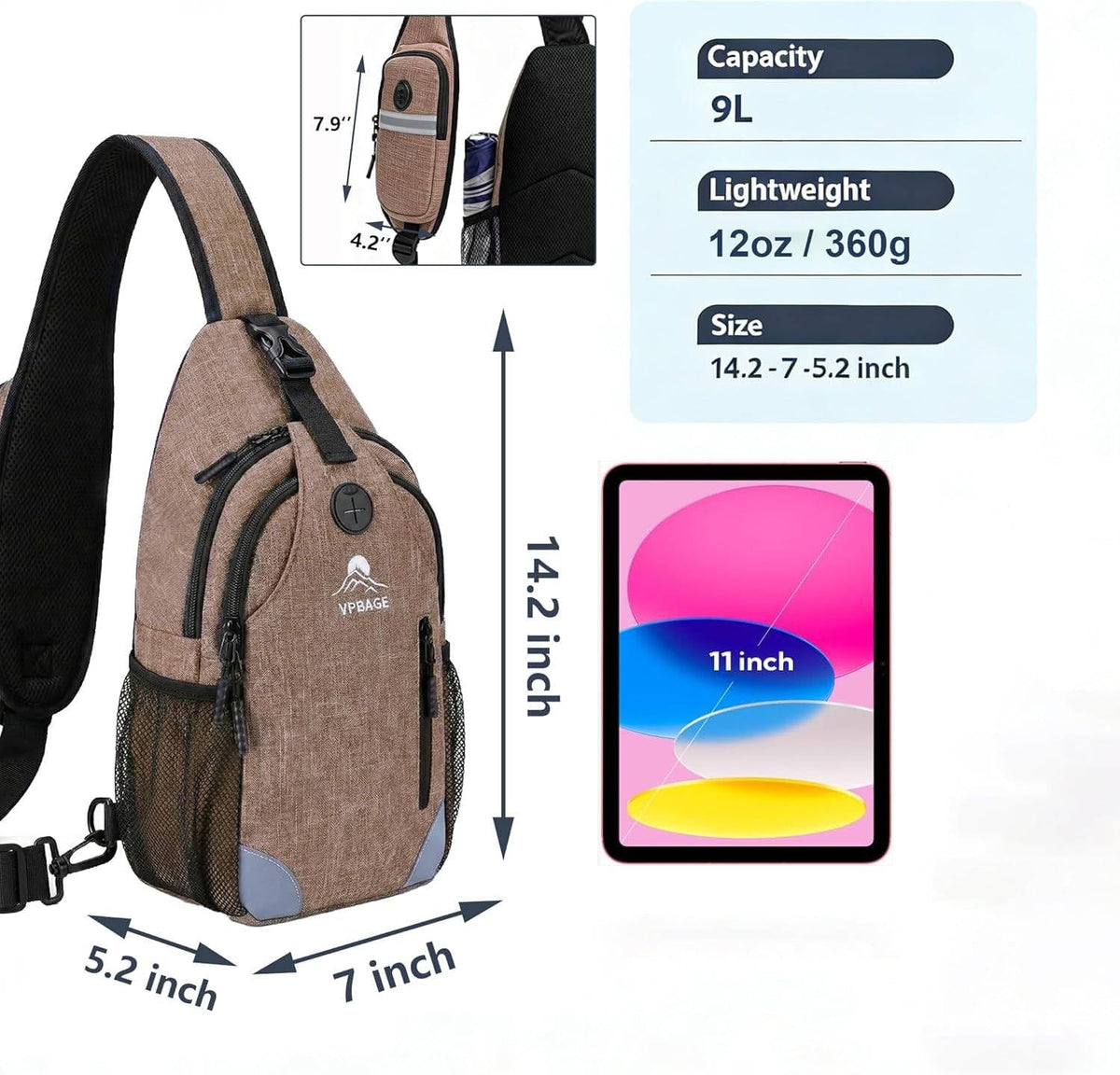 Sling Backpack for Women & Men, Crossbody Travel Bag with Water Bottle Holders, 17 Pockets, Quick-Access Phone Pocket, Hidden Security Pocket, Fits 11" Tablet, for Daily Carry, Travel, Theme Parks