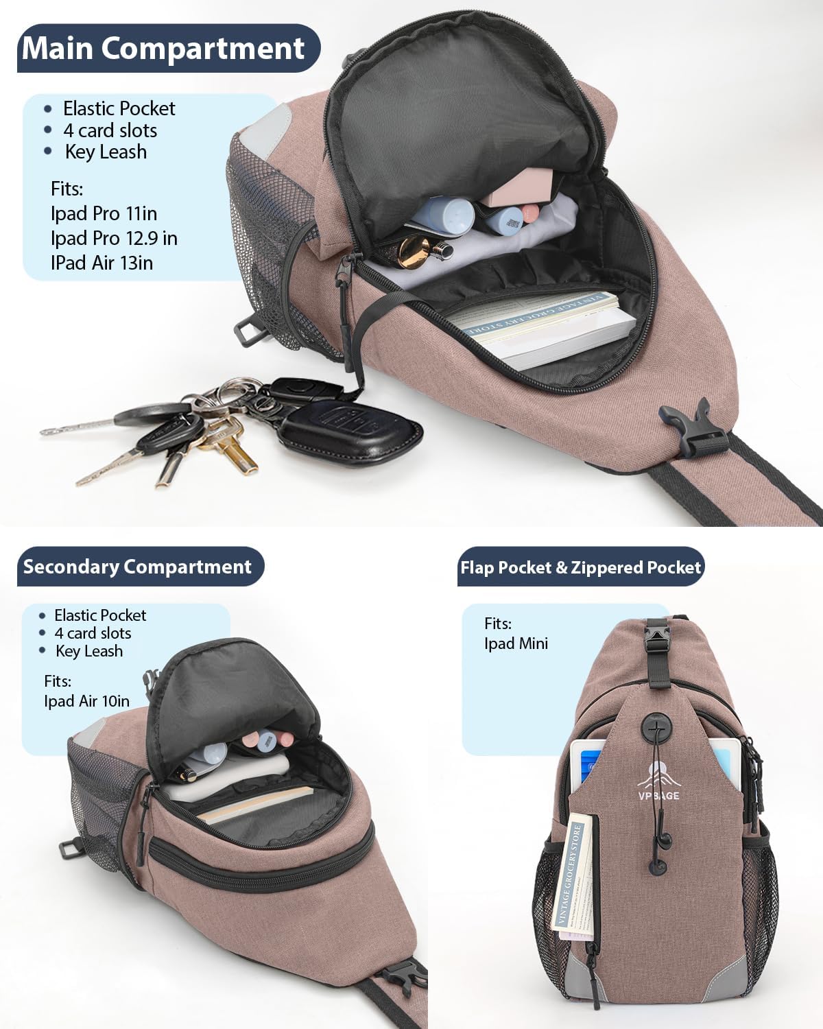Sling Backpack for Women & Men, Crossbody Travel Bag with Water Bottle Holders, 17 Pockets, Quick-Access Phone Pocket, Hidden Security Pocket, Fits 11" Tablet, for Daily Carry, Travel, Theme Parks