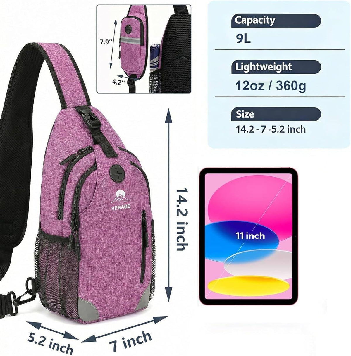 Sling Backpack for Women & Men, Crossbody Travel Bag with Water Bottle Holders, 17 Pockets, Quick-Access Phone Pocket, Hidden Security Pocket, Fits 11" Tablet, for Daily Carry, Travel, Theme Parks