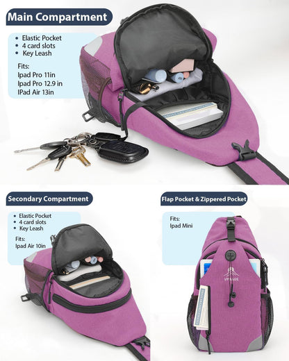 Sling Backpack for Women & Men, Crossbody Travel Bag with Water Bottle Holders, 17 Pockets, Quick-Access Phone Pocket, Hidden Security Pocket, Fits 11" Tablet, for Daily Carry, Travel, Theme Parks