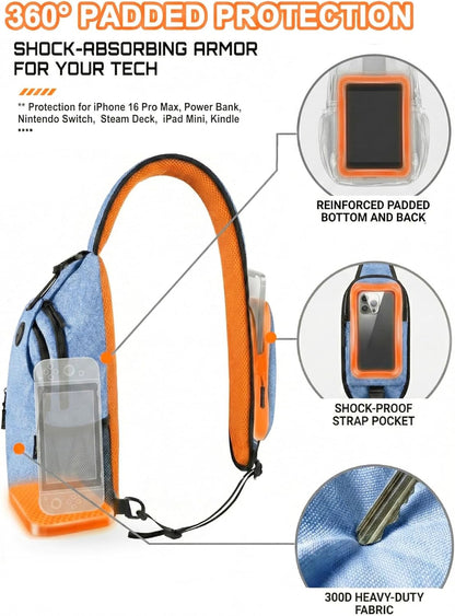 Sling Backpack for Women & Men, Crossbody Travel Bag with Water Bottle Holders, 17 Pockets, Quick-Access Phone Pocket, Hidden Security Pocket, Fits 11" Tablet, for Daily Carry, Travel, Theme Parks