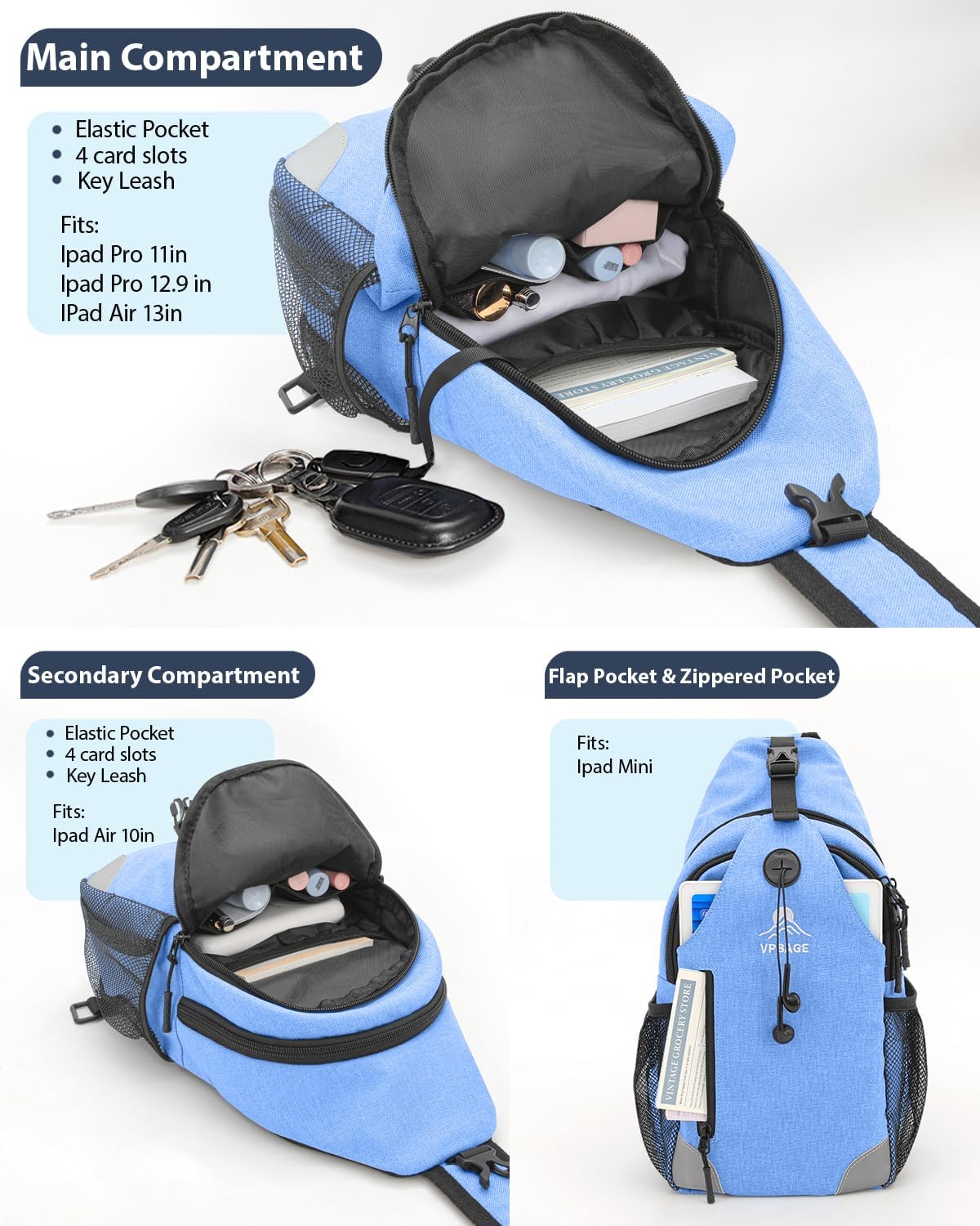 Sling Backpack for Women & Men, Crossbody Travel Bag with Water Bottle Holders, 17 Pockets, Quick-Access Phone Pocket, Hidden Security Pocket, Fits 11" Tablet, for Daily Carry, Travel, Theme Parks