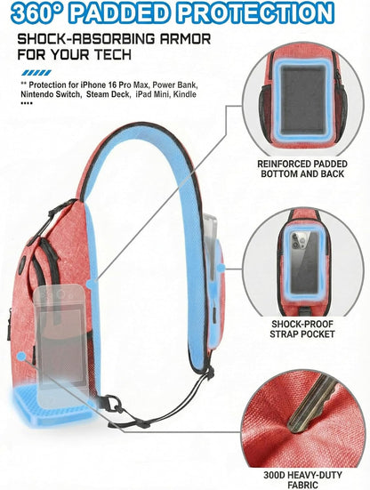 Sling Backpack for Women & Men, Crossbody Travel Bag with Water Bottle Holders, 17 Pockets, Quick-Access Phone Pocket, Hidden Security Pocket, Fits 11" Tablet, for Daily Carry, Travel, Theme Parks