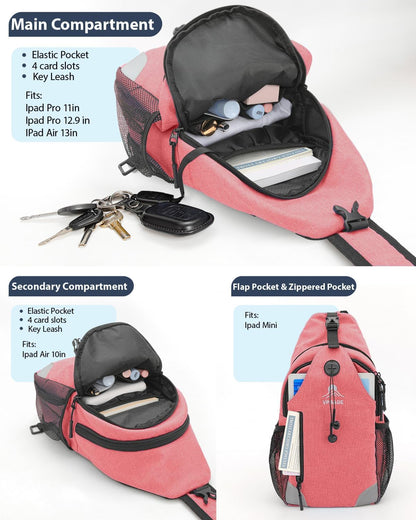 Sling Backpack for Women & Men, Crossbody Travel Bag with Water Bottle Holders, 17 Pockets, Quick-Access Phone Pocket, Hidden Security Pocket, Fits 11" Tablet, for Daily Carry, Travel, Theme Parks