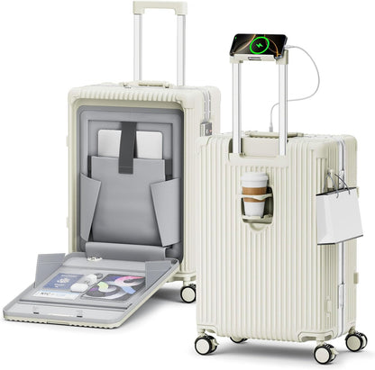 20 Inch Aluminum Frame Carry On Luggage with Front Pocket, USB Port, Phone Holder & Cup Holder, Hard Shell Spinner Suitcase for Airplane Travel, White