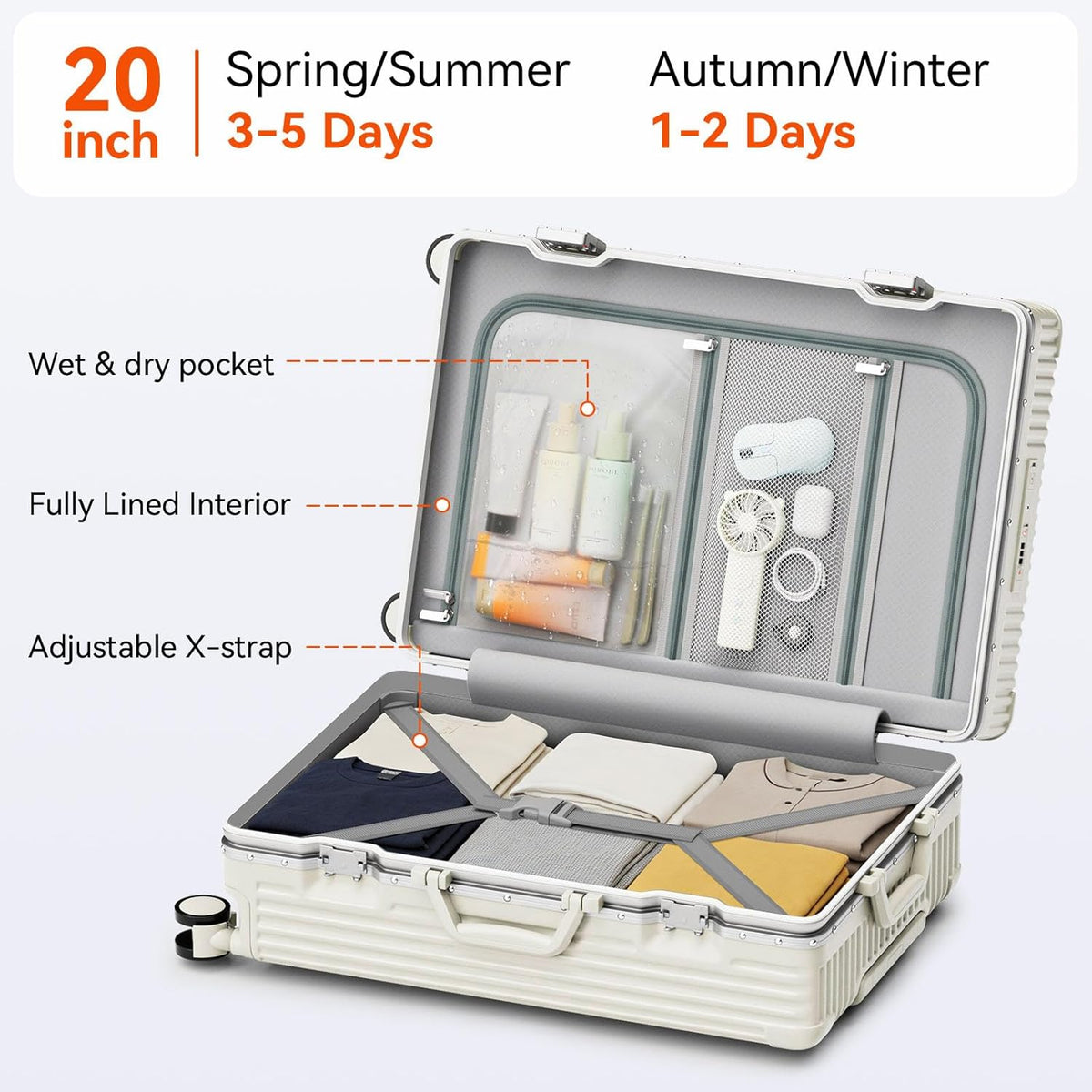 20 Inch Aluminum Frame Carry On Luggage with Front Pocket, USB Port, Phone Holder & Cup Holder, Hard Shell Spinner Suitcase for Airplane Travel, White