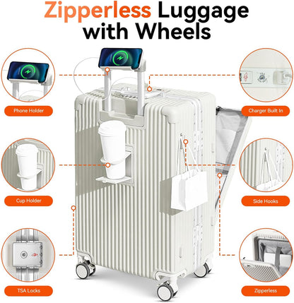 20 Inch Aluminum Frame Carry On Luggage with Front Pocket, USB Port, Phone Holder & Cup Holder, Hard Shell Spinner Suitcase for Airplane Travel, White