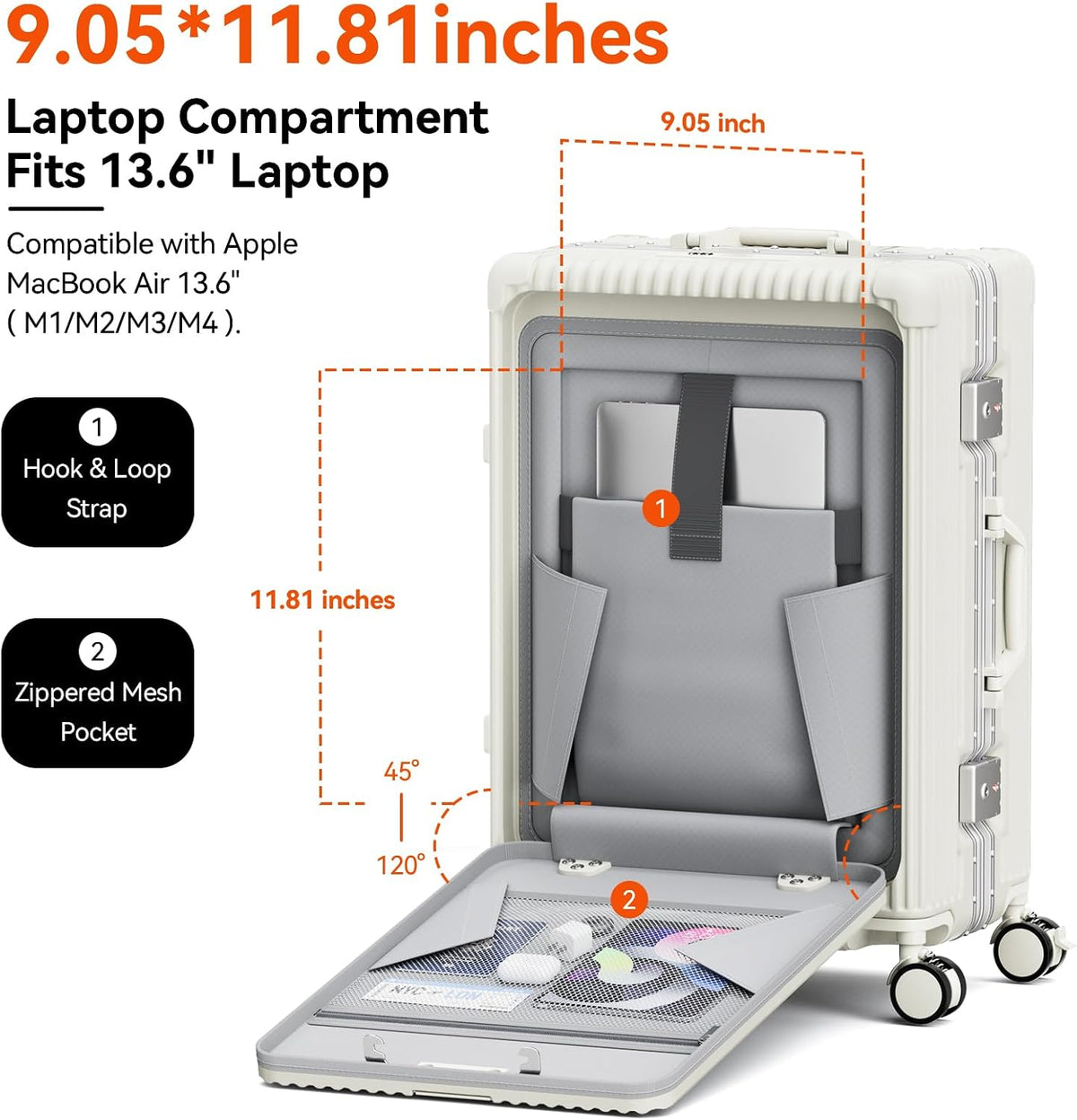 20 Inch Aluminum Frame Carry On Luggage with Front Pocket, USB Port, Phone Holder & Cup Holder, Hard Shell Spinner Suitcase for Airplane Travel, White