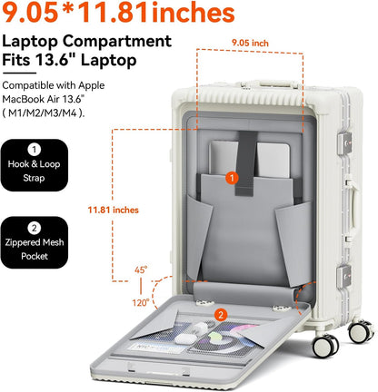 20 Inch Aluminum Frame Carry On Luggage with Front Pocket, USB Port, Phone Holder & Cup Holder, Hard Shell Spinner Suitcase for Airplane Travel, White