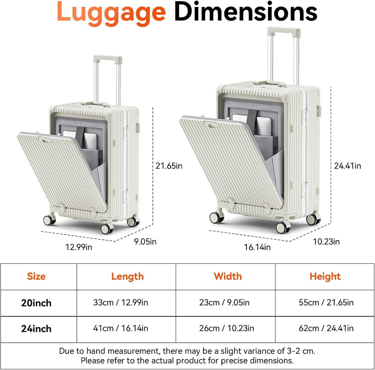 20 Inch Aluminum Frame Carry On Luggage with Front Pocket, USB Port, Phone Holder & Cup Holder, Hard Shell Spinner Suitcase for Airplane Travel, White