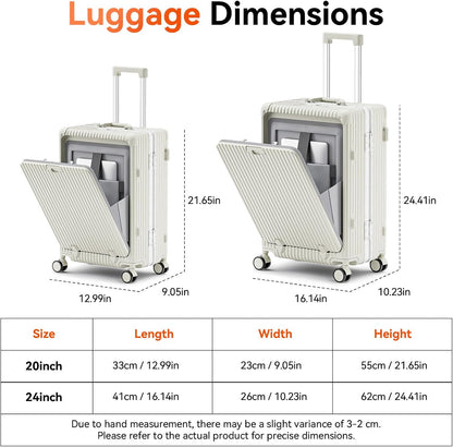 20 Inch Aluminum Frame Carry On Luggage with Front Pocket, USB Port, Phone Holder & Cup Holder, Hard Shell Spinner Suitcase for Airplane Travel, White