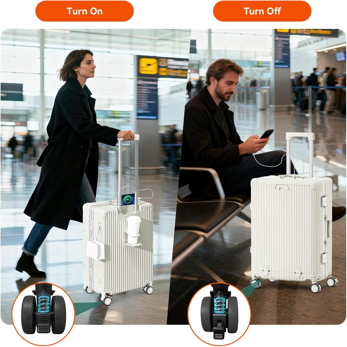 20 Inch Aluminum Frame Carry On Luggage with Front Pocket, USB Port, Phone Holder & Cup Holder, Hard Shell Spinner Suitcase for Airplane Travel, White