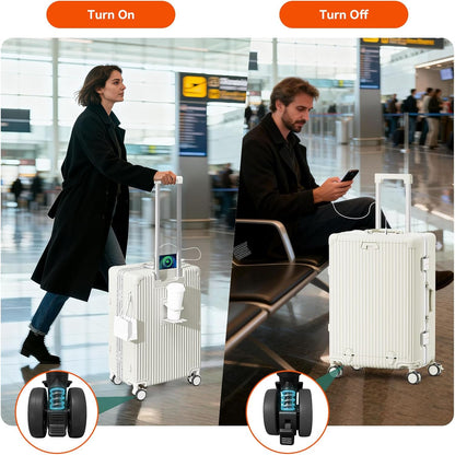 20 Inch Aluminum Frame Carry On Luggage with Front Pocket, USB Port, Phone Holder & Cup Holder, Hard Shell Spinner Suitcase for Airplane Travel, White