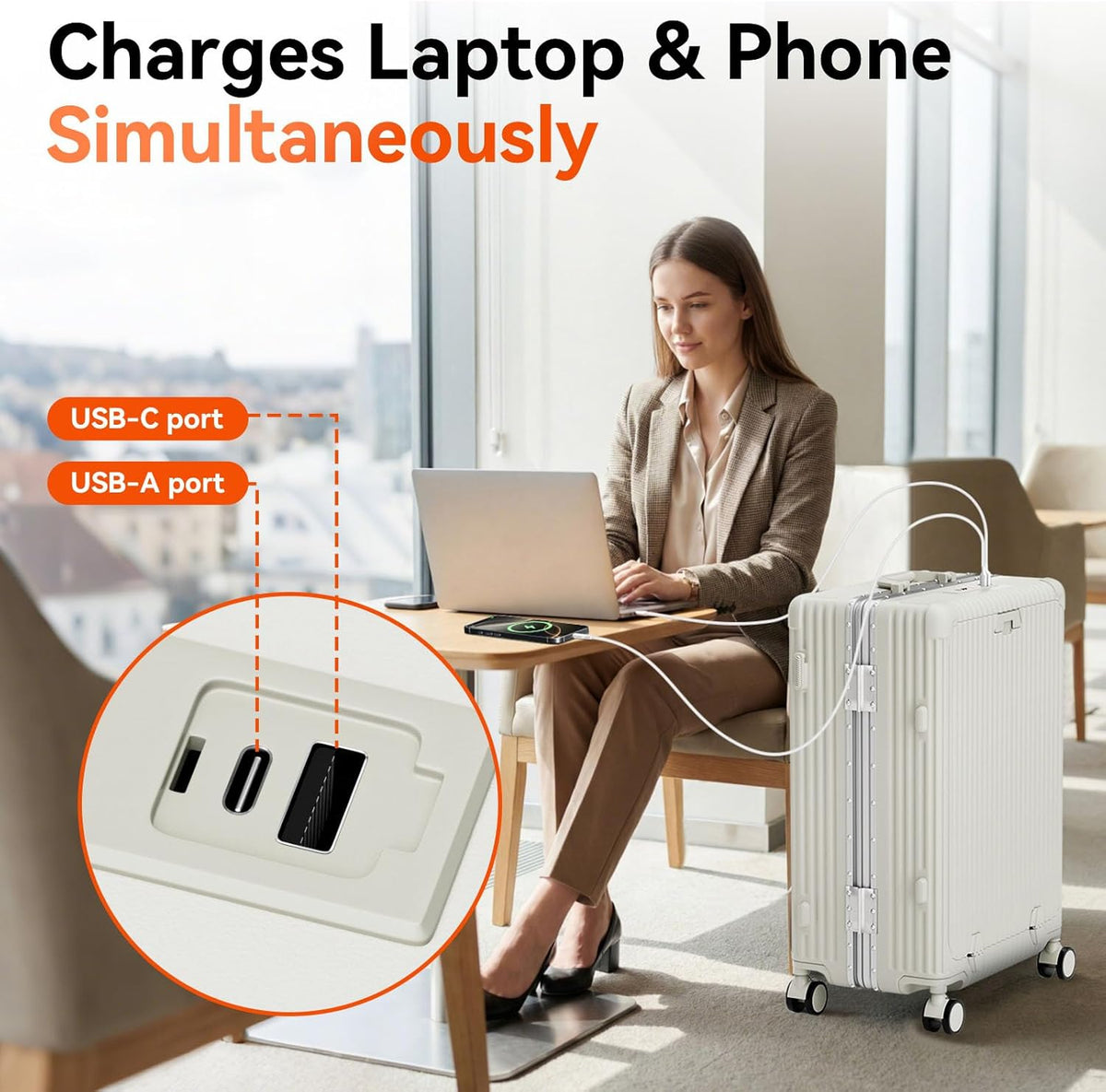 20 Inch Aluminum Frame Carry On Luggage with Front Pocket, USB Port, Phone Holder & Cup Holder, Hard Shell Spinner Suitcase for Airplane Travel, White
