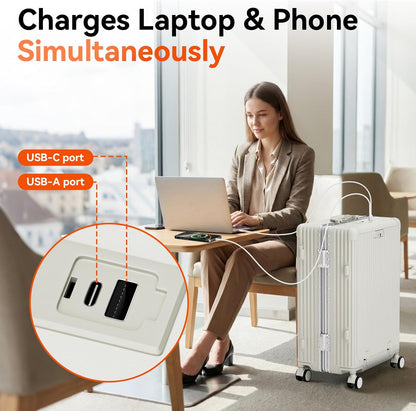 20 Inch Aluminum Frame Carry On Luggage with Front Pocket, USB Port, Phone Holder & Cup Holder, Hard Shell Spinner Suitcase for Airplane Travel, White