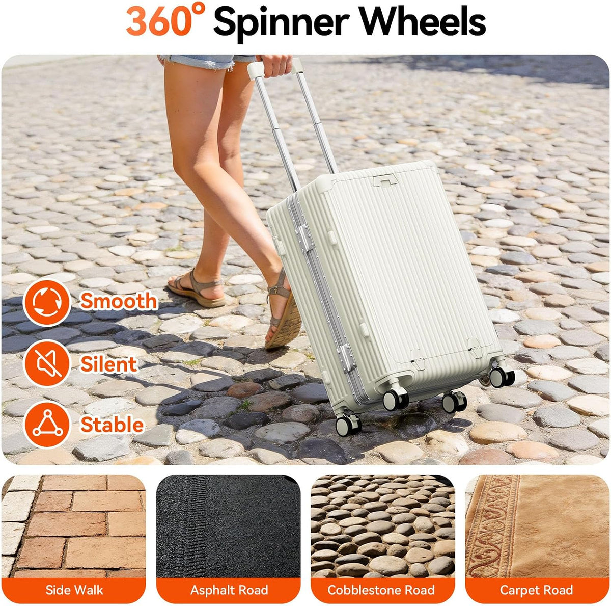 20 Inch Aluminum Frame Carry On Luggage with Front Pocket, USB Port, Phone Holder & Cup Holder, Hard Shell Spinner Suitcase for Airplane Travel, White