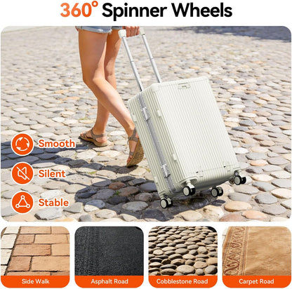 20 Inch Aluminum Frame Carry On Luggage with Front Pocket, USB Port, Phone Holder & Cup Holder, Hard Shell Spinner Suitcase for Airplane Travel, White