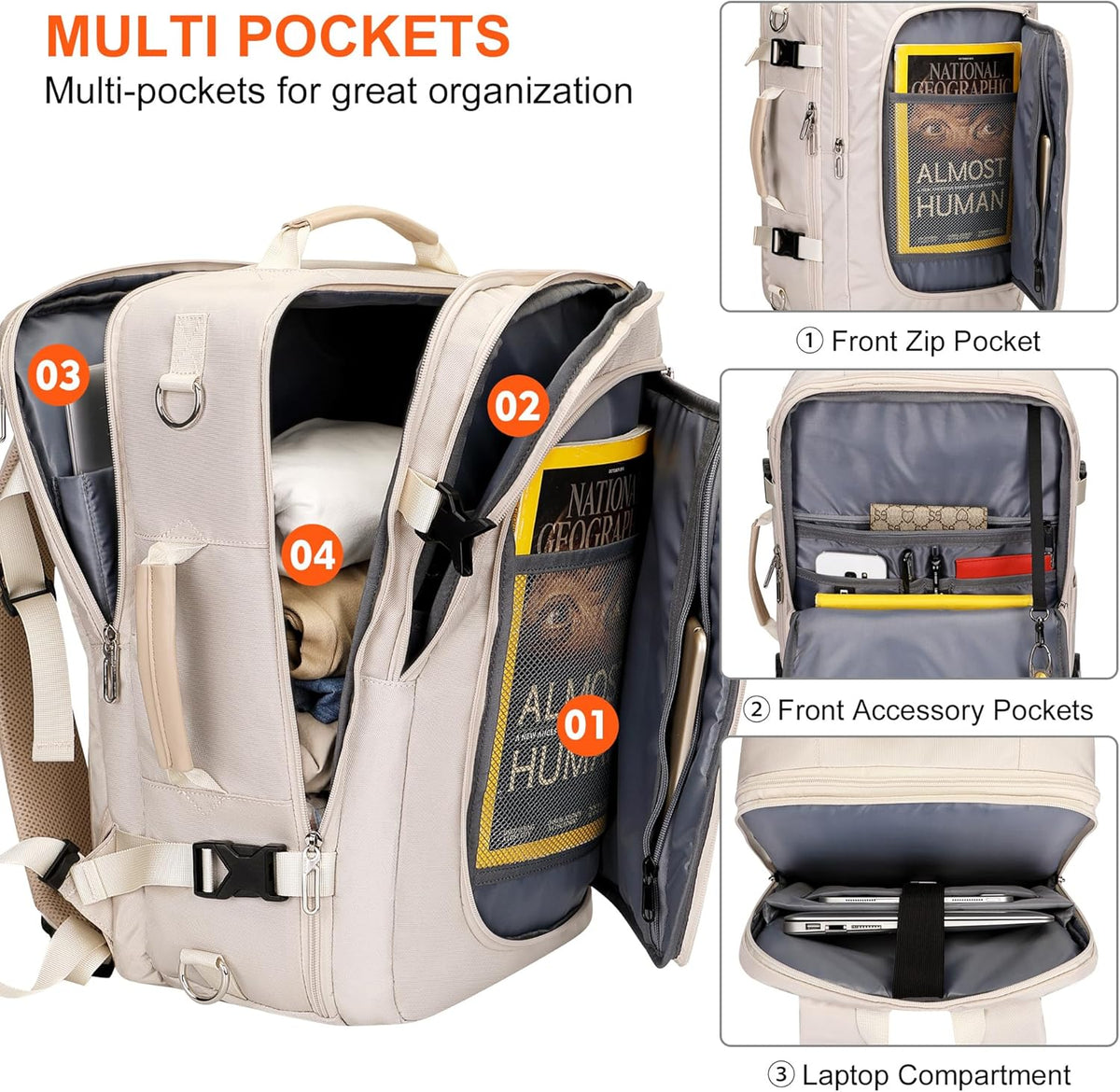 Travel Backpack for Women 3-In-1 Carry on Bag with Shoe Compartment | 16" Laptop Luggage Suitcase with TSA-Friendly 180° Opening, USB Charging Port for Business Trip, Commut, Daily