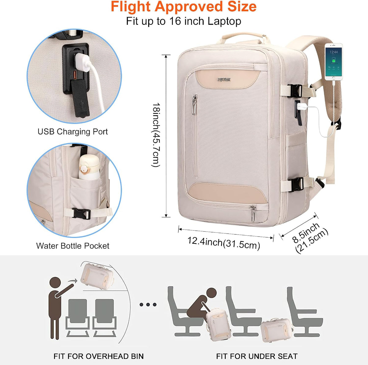Travel Backpack for Women 3-In-1 Carry on Bag with Shoe Compartment | 16" Laptop Luggage Suitcase with TSA-Friendly 180° Opening, USB Charging Port for Business Trip, Commut, Daily