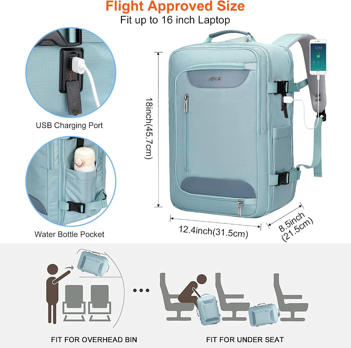 Travel Backpack for Women 3-In-1 Carry on Bag with Shoe Compartment | 16" Laptop Luggage Suitcase with TSA-Friendly 180° Opening, USB Charging Port for Business Trip, Commut, Daily