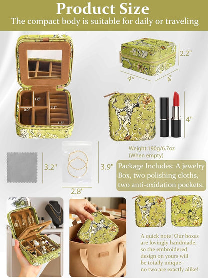 Small Travel Jewelry Box for Women - Mini Personalized Jewellery Organizer with Mirror|Cute Portable Jewelry Case Necklace Earring Ring Compact Storage Holder Birthday Gifts for Mom Bridesmaid (Green)