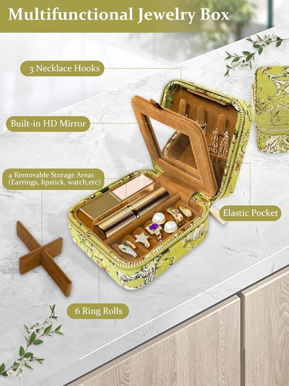 Small Travel Jewelry Box for Women - Mini Personalized Jewellery Organizer with Mirror|Cute Portable Jewelry Case Necklace Earring Ring Compact Storage Holder Birthday Gifts for Mom Bridesmaid (Green)