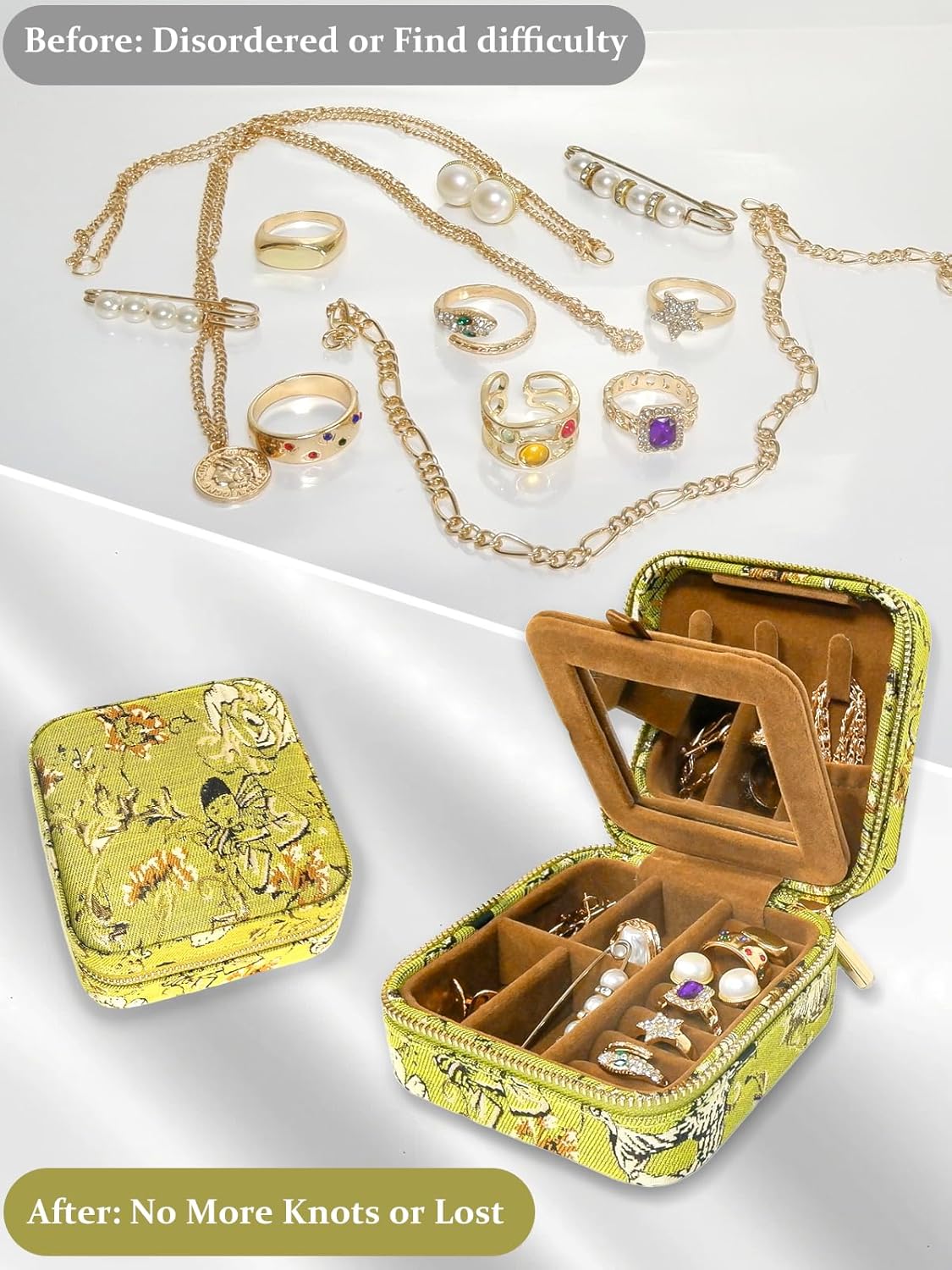 Small Travel Jewelry Box for Women - Mini Personalized Jewellery Organizer with Mirror|Cute Portable Jewelry Case Necklace Earring Ring Compact Storage Holder Birthday Gifts for Mom Bridesmaid (Green)