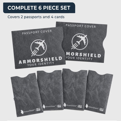 ArmorShield RFID Blocking Passport & Card Sleeves, 6-Piece, USA Made | Slim waterproof tearproof; Lightweight Tyvek ArmorShield, No bulk; FIPS 201 compliant, 1-year support