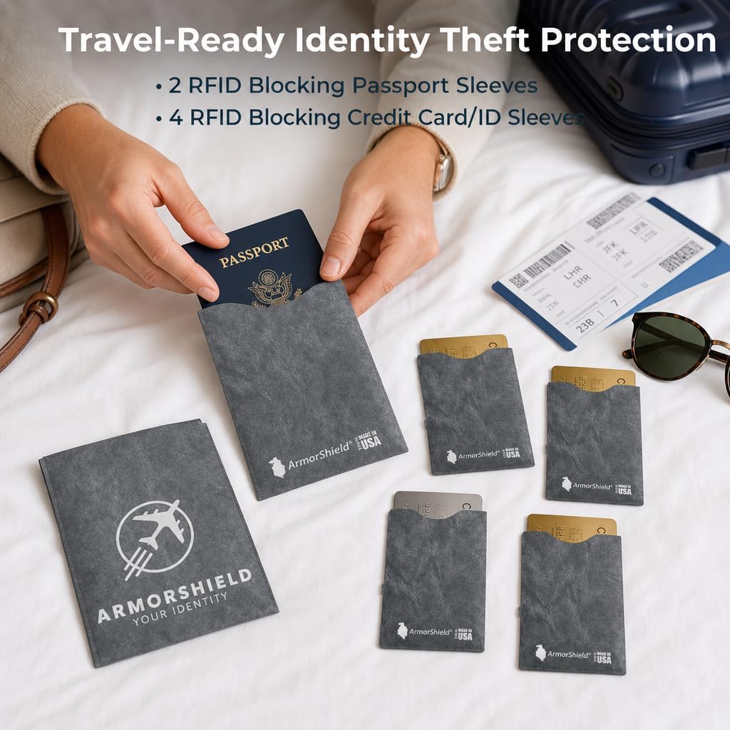 ArmorShield RFID Blocking Passport & Card Sleeves, 6-Piece, USA Made | Slim waterproof tearproof; Lightweight Tyvek ArmorShield, No bulk; FIPS 201 compliant, 1-year support