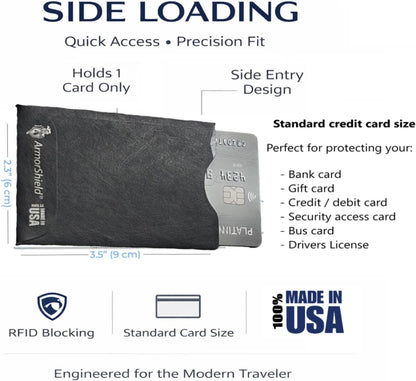 ArmorShield RFID Blocking Passport & Card Sleeves, 6-Piece, USA Made | Slim waterproof tearproof; Lightweight Tyvek ArmorShield, No bulk; FIPS 201 compliant, 1-year support