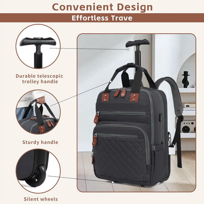 Rolling Backpack, Carry On Luggage Travel Backpack with Wheels, Flight Approved Anti Theft Rolling Bookbag Fits 15.7" Laptop, Rolling Backpack Bag with USB Port for Men Women, Grey