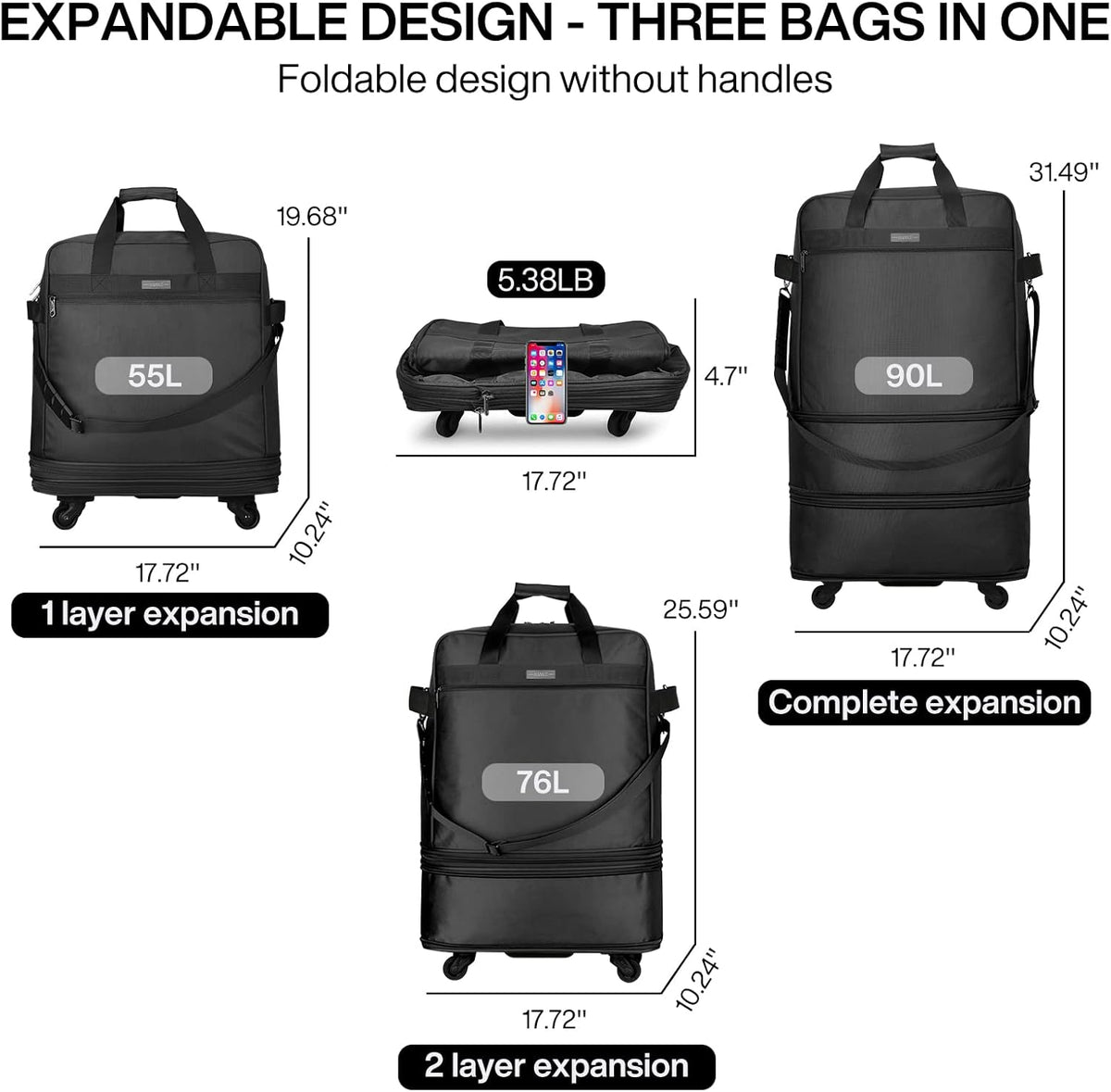 Suitcases with Wheels Expandable Foldable Luggage Bag Suitcase Collapsible Rolling Travel Bag Duffel Bag for Men Women Lightweight Suitcases without Telescoping Handle, Purple