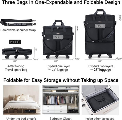 Suitcases with Wheels Expandable Foldable Luggage Bag Suitcase Collapsible Rolling Travel Bag Duffel Bag for Men Women Lightweight Suitcases without Telescoping Handle, Purple