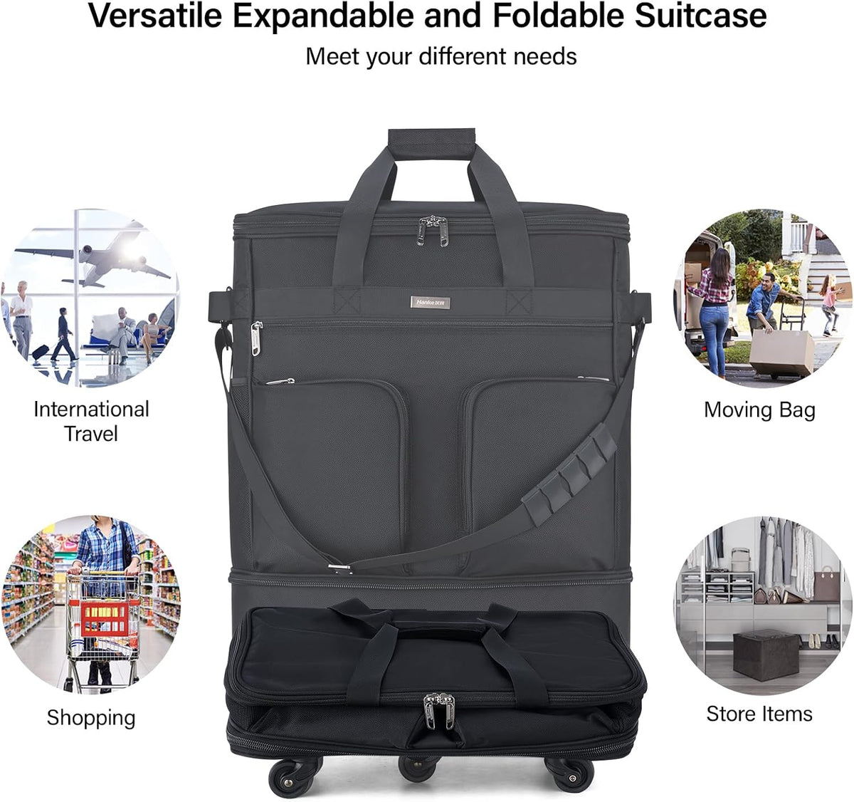 Suitcases with Wheels Expandable Foldable Luggage Bag Suitcase Collapsible Rolling Travel Bag Duffel Bag for Men Women Lightweight Suitcases without Telescoping Handle, Purple