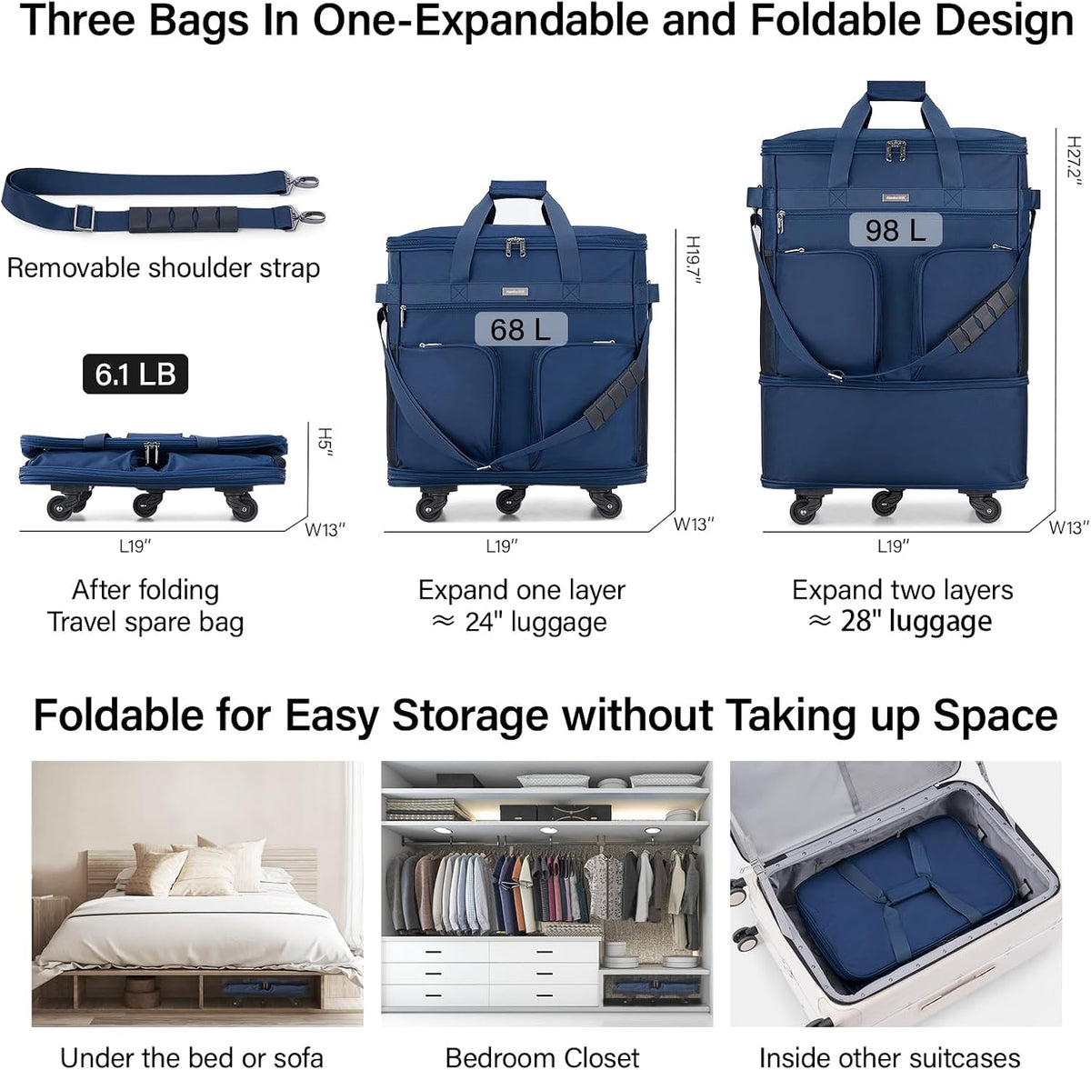Suitcases with Wheels Expandable Foldable Luggage Bag Suitcase Collapsible Rolling Travel Bag Duffel Bag for Men Women Lightweight Suitcases without Telescoping Handle, Purple