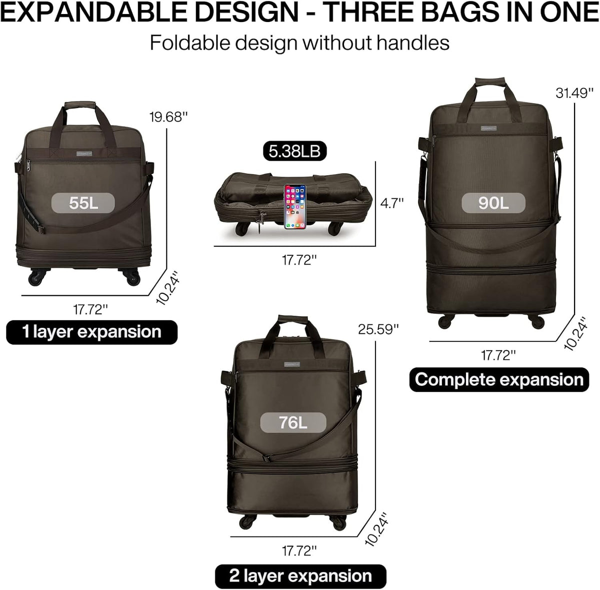 Suitcases with Wheels Expandable Foldable Luggage Bag Suitcase Collapsible Rolling Travel Bag Duffel Bag for Men Women Lightweight Suitcases without Telescoping Handle, Purple