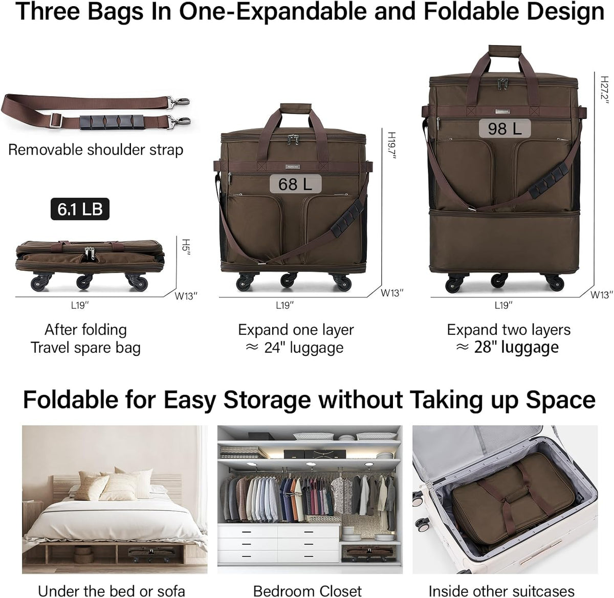 Suitcases with Wheels Expandable Foldable Luggage Bag Suitcase Collapsible Rolling Travel Bag Duffel Bag for Men Women Lightweight Suitcases without Telescoping Handle, Purple
