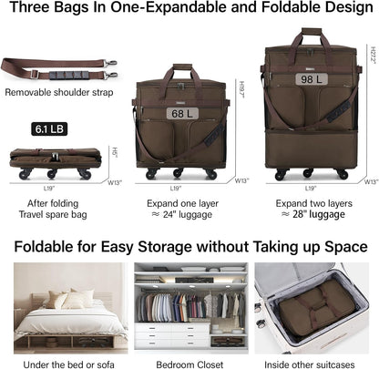 Suitcases with Wheels Expandable Foldable Luggage Bag Suitcase Collapsible Rolling Travel Bag Duffel Bag for Men Women Lightweight Suitcases without Telescoping Handle, Purple